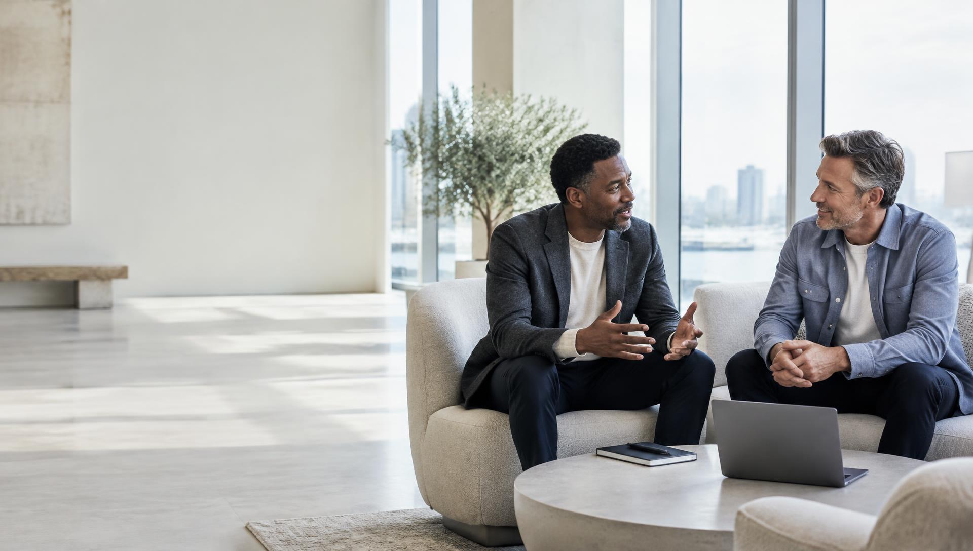 A Black man and a white man discussing business in a modern lounge, wearing relaxed professional clothing